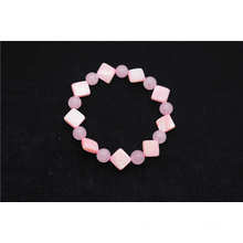 Rose Quartz 8MM Round Beads Stretch Gemstone Bracelet with square shape pearl